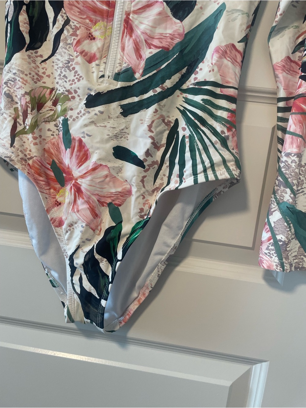 Floral Tropical One-Piece Long Sleeve Swimsuit in Pink and Green - Picture 3 of 7